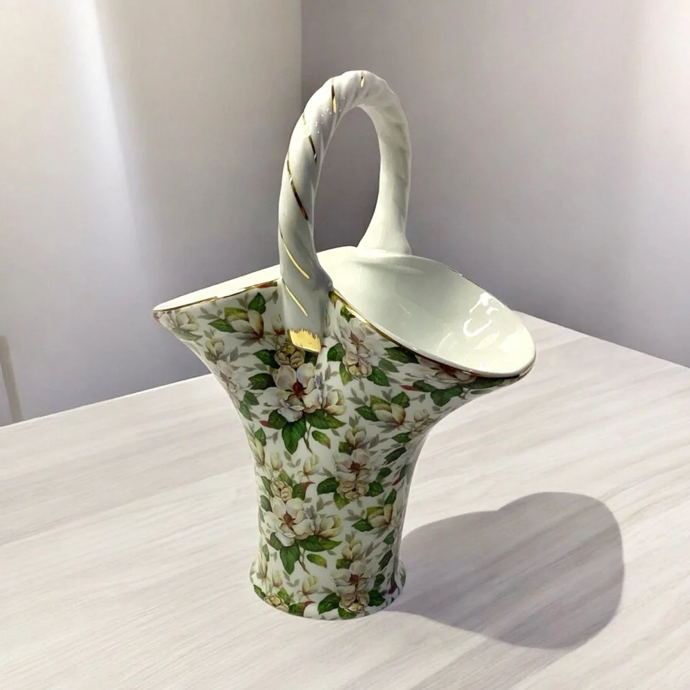 Vintage Basket Vase Porcelain Formalities Baum Bros. Magnolia Chintz Gold Trim